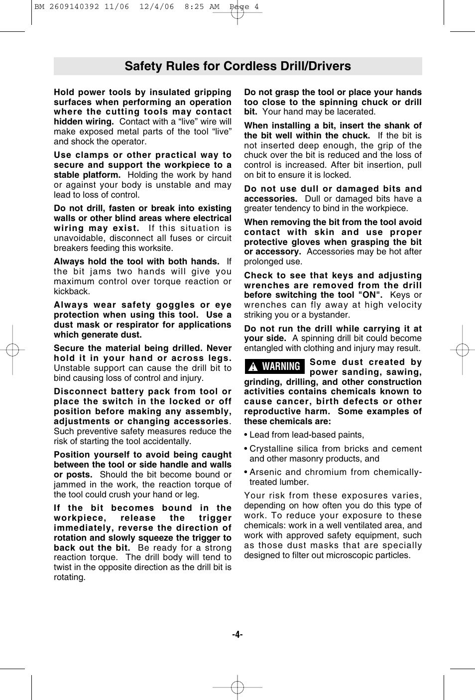 Safety rules for cordless drill/drivers | Bosch 34612 User Manual | Page 4 / 52