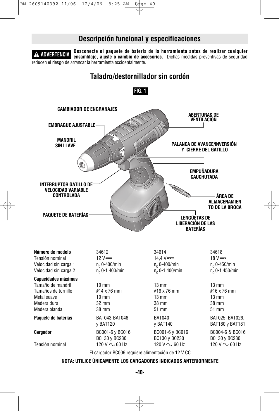 Descripción funcional y especificaciones, Taladro/destornillador sin cordón | Bosch 34612 User Manual | Page 40 / 52