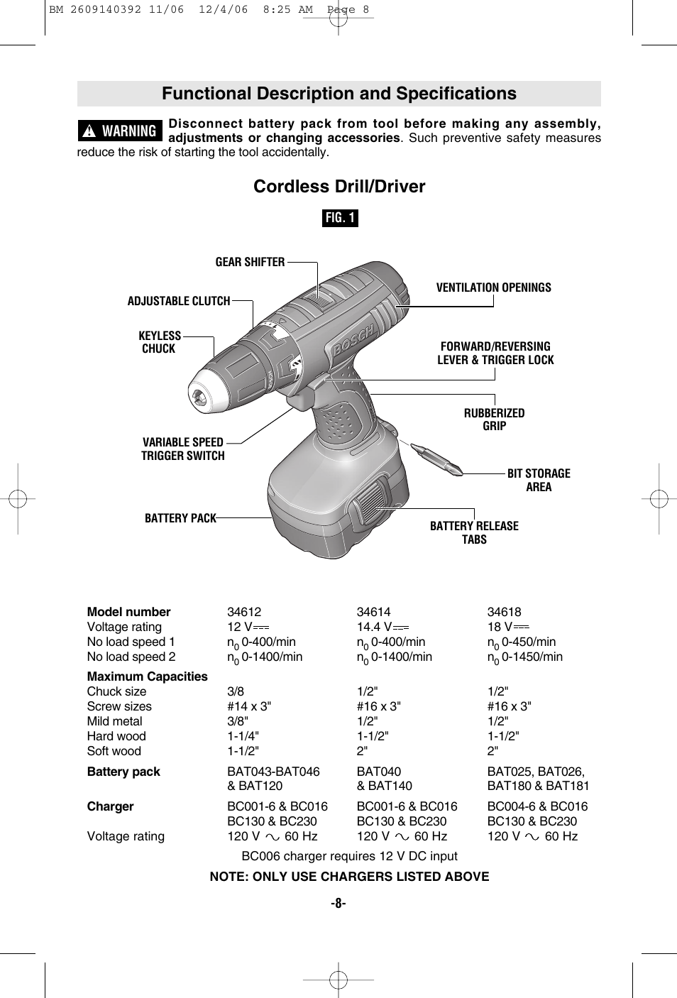 Functional description and specifications, Cordless drill/driver | Bosch 34612 User Manual | Page 8 / 52