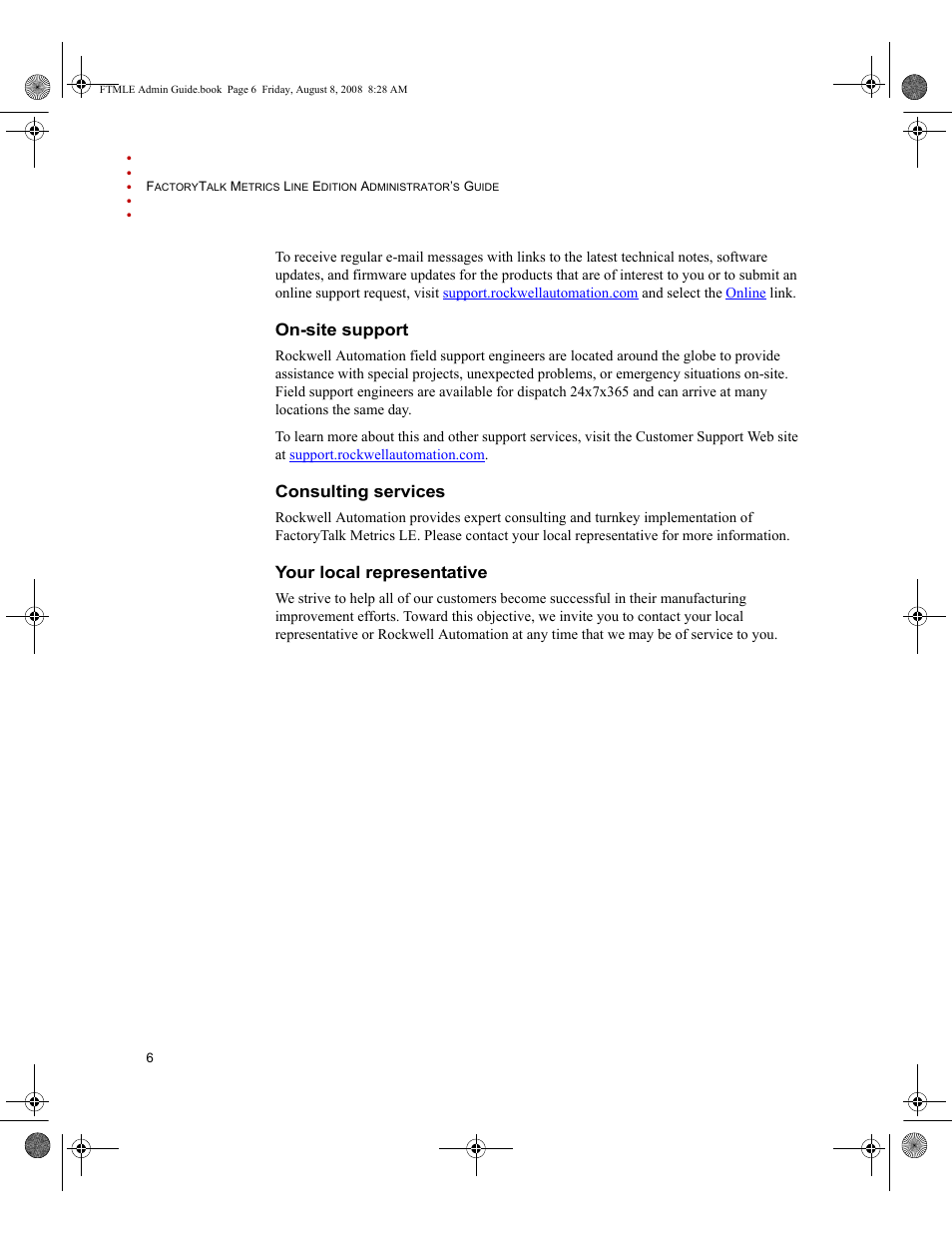 On-site support, Consulting services, Your local representative | Rockwell Automation FactoryTalk Metrics Line Edition Administrators Guide User Manual | Page 10 / 68