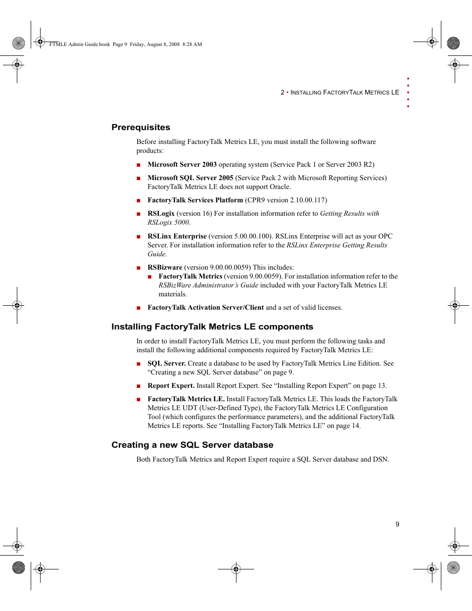 Prerequisites, Installing factorytalk metrics le components, Creating a new sql server database | Rockwell Automation FactoryTalk Metrics Line Edition Administrators Guide User Manual | Page 13 / 68