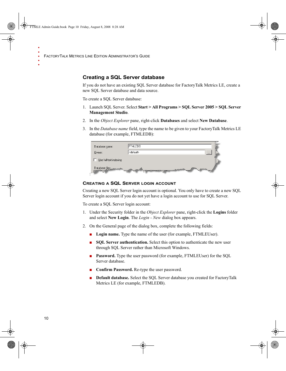 Creating a sql server database | Rockwell Automation FactoryTalk Metrics Line Edition Administrators Guide User Manual | Page 14 / 68