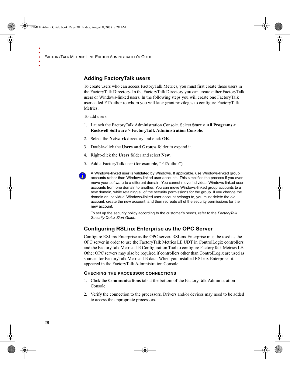 Adding factorytalk users, Configuring rslinx enterprise as the opc server | Rockwell Automation FactoryTalk Metrics Line Edition Administrators Guide User Manual | Page 32 / 68