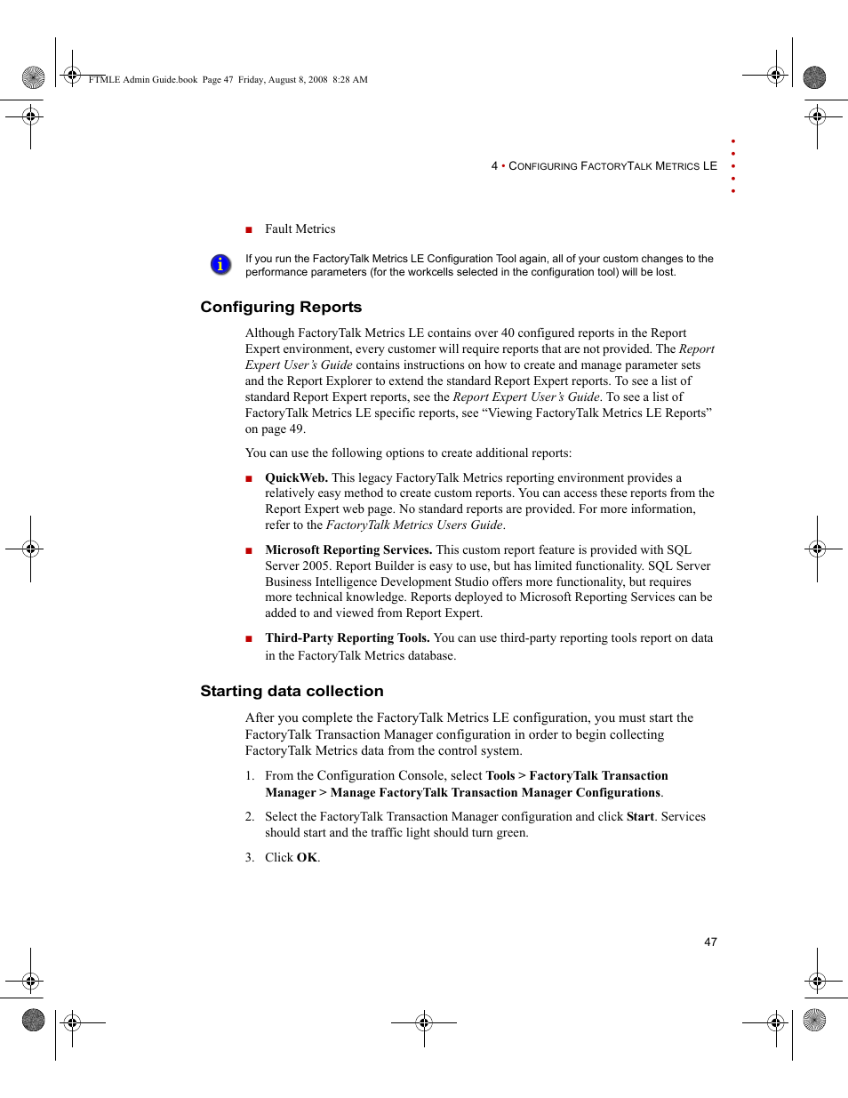 Configuring reports, Starting data collection, Configuring reports starting data collection | Rockwell Automation FactoryTalk Metrics Line Edition Administrators Guide User Manual | Page 51 / 68