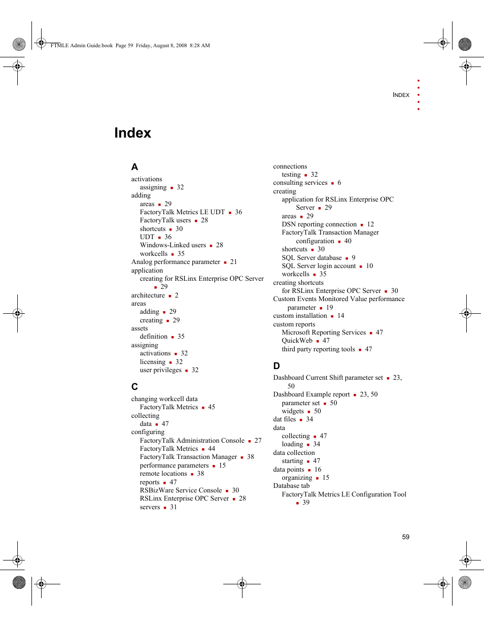 Index | Rockwell Automation FactoryTalk Metrics Line Edition Administrators Guide User Manual | Page 63 / 68