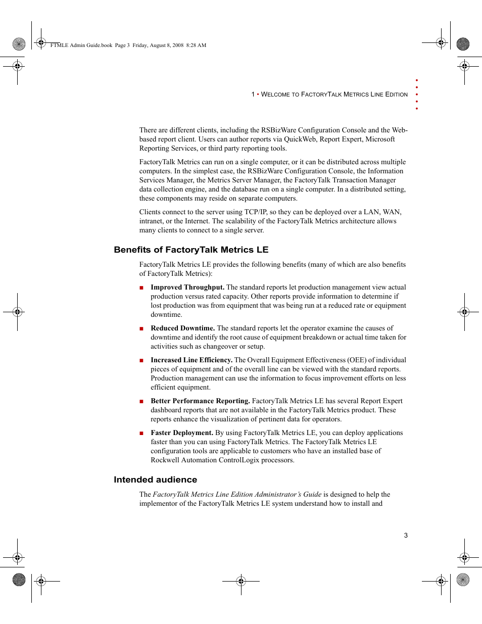 Benefits of factorytalk metrics le, Intended audience | Rockwell Automation FactoryTalk Metrics Line Edition Administrators Guide User Manual | Page 7 / 68