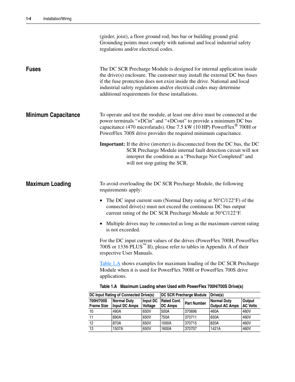 Fuses, Minimum capacitance, Maximum loading | Fuses -4 minimum capacitance -4 maximum loading -4 | Rockwell Automation 20D DC SCR Precharge Module User Manual | Page 14 / 36