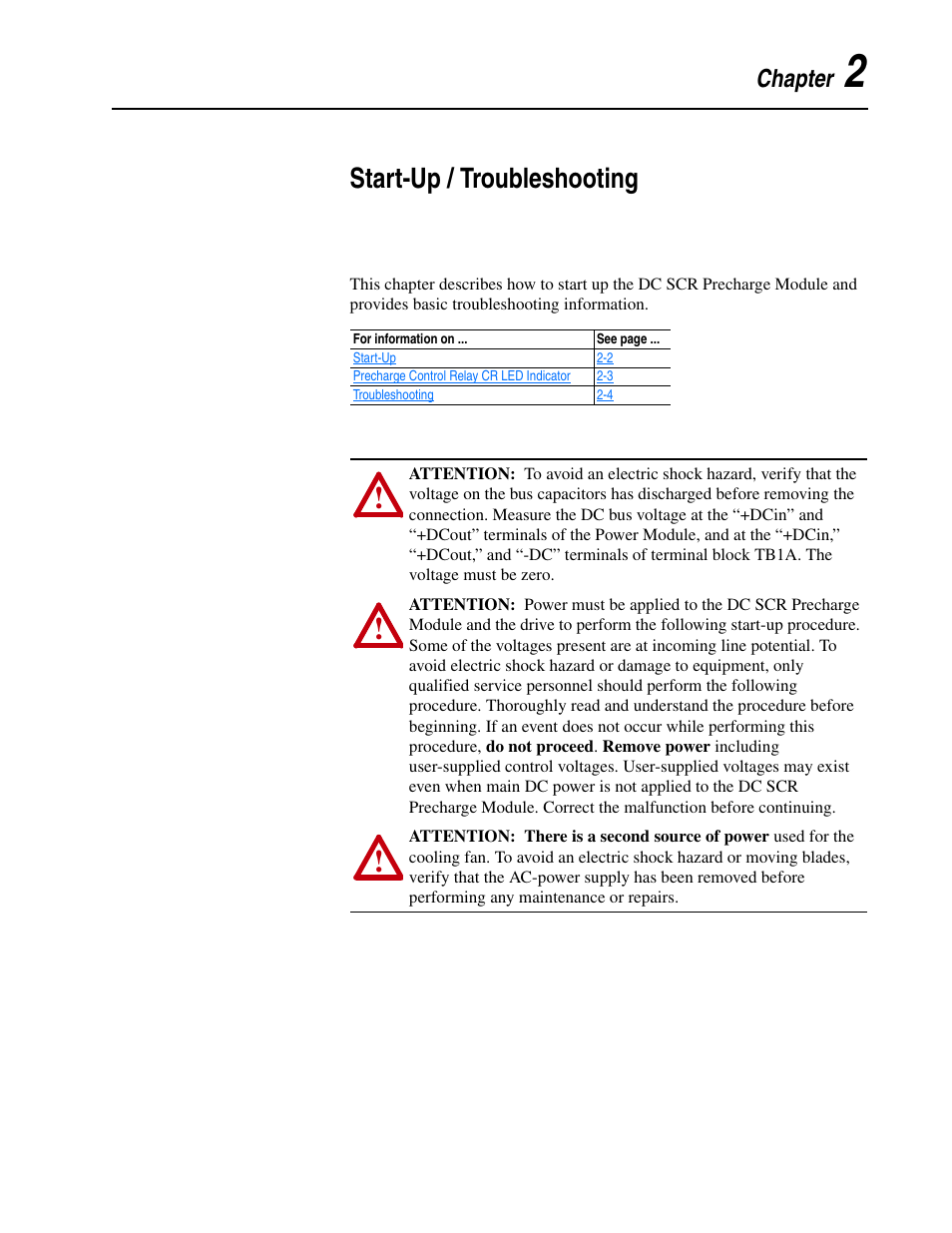 Chapter 2, Start-up / troubleshooting | Rockwell Automation 20D DC SCR Precharge Module User Manual | Page 23 / 36