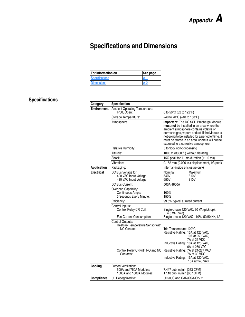 Appendix a, Specifications and dimensions, Specifications | R to, Appendix | Rockwell Automation 20D DC SCR Precharge Module User Manual | Page 27 / 36