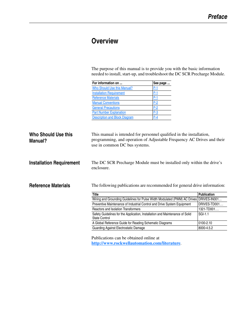 Preface, Overview, Who should use this manual | Installation requirement, Reference materials | Rockwell Automation 20D DC SCR Precharge Module User Manual | Page 7 / 36