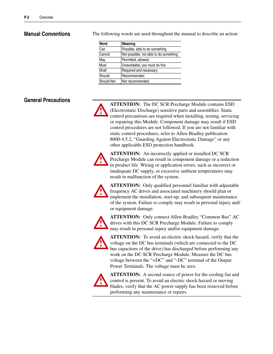 Manual conventions, General precautions | Rockwell Automation 20D DC SCR Precharge Module User Manual | Page 8 / 36