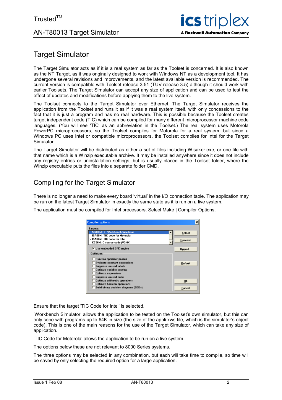 Compiling for the target simulator, Target simulator, Trusted | Rockwell Automation T80013 Application Note Target Simulator User Manual | Page 2 / 6