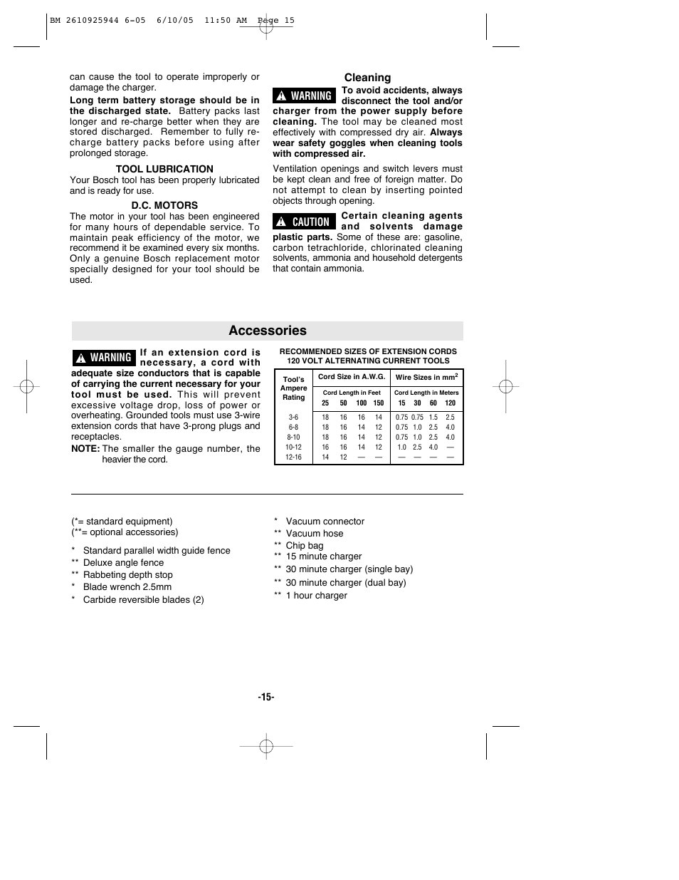 Accessories, Cleaning, Warning | Caution | Bosch 53518 User Manual | Page 15 / 44