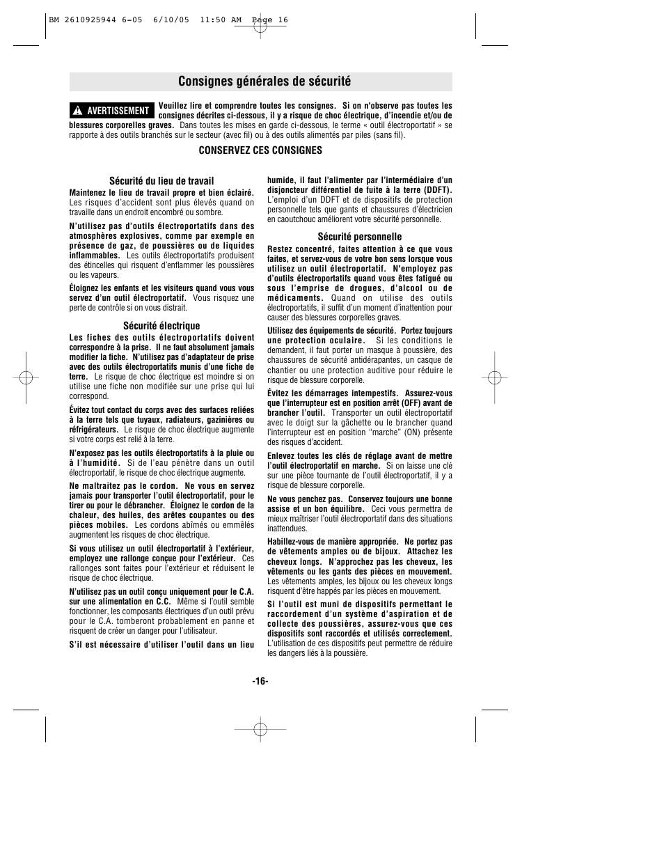Consignes générales de sécurité | Bosch 53518 User Manual | Page 16 / 44