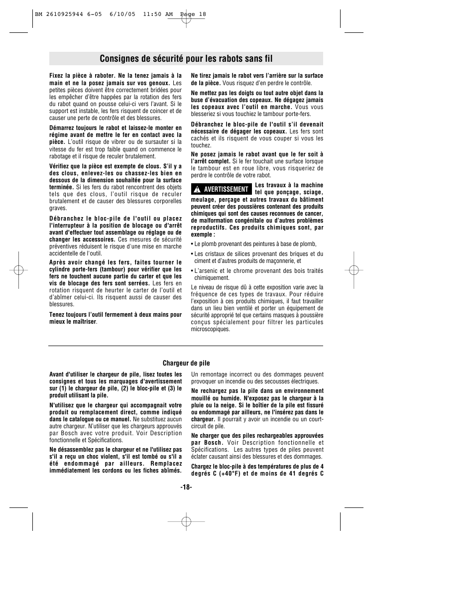 Consignes de sécurité pour les rabots sans fil | Bosch 53518 User Manual | Page 18 / 44