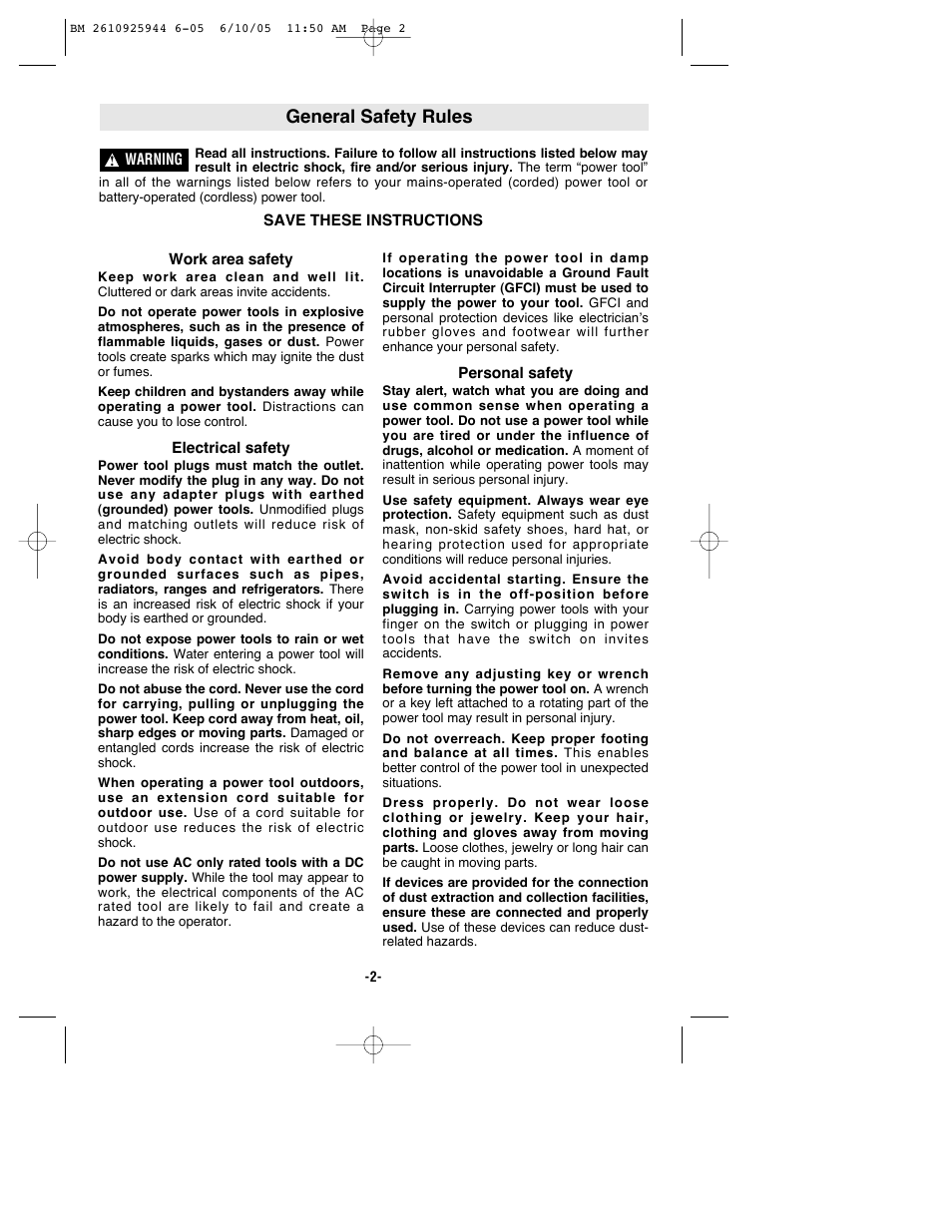 General safety rules | Bosch 53518 User Manual | Page 2 / 44