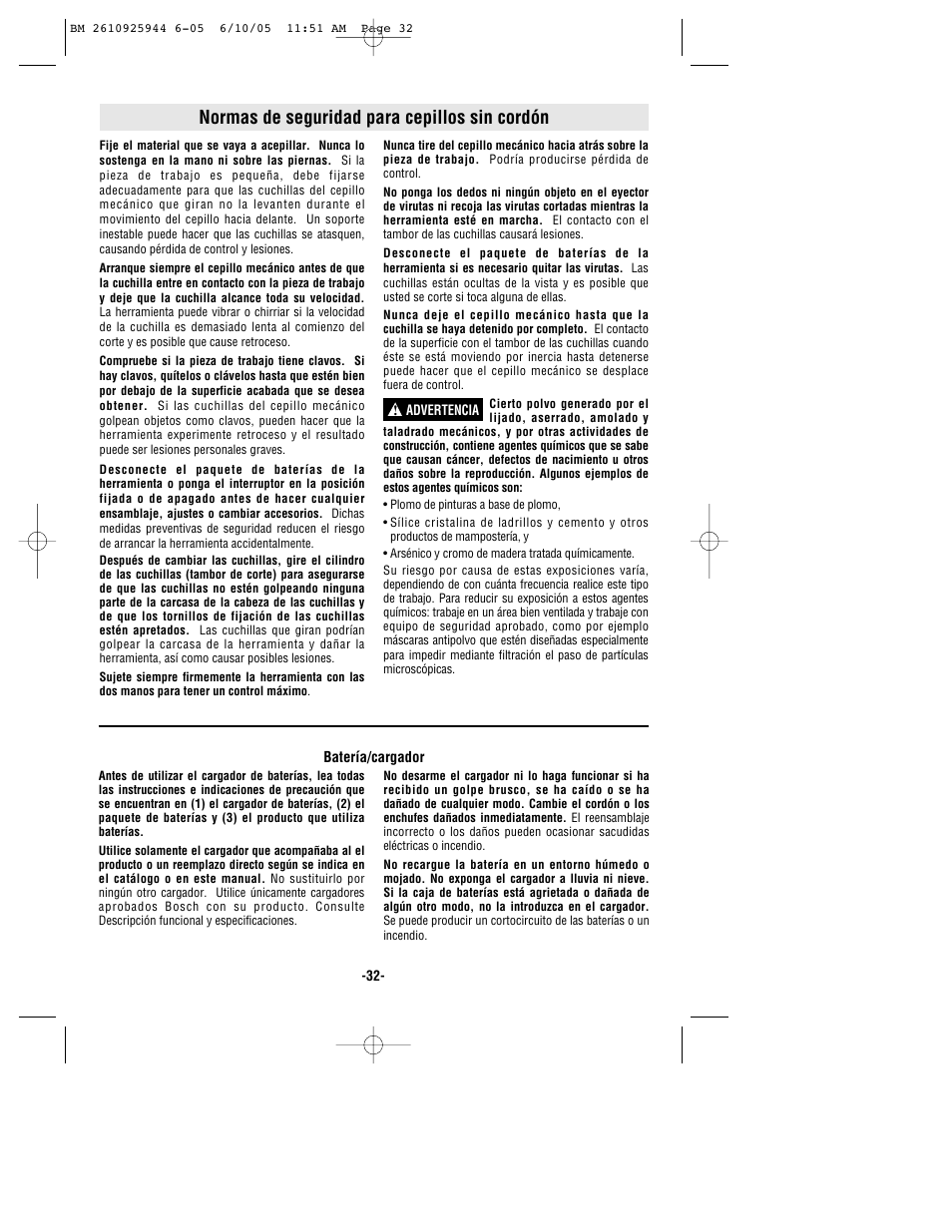 Normas de seguridad para cepillos sin cordón | Bosch 53518 User Manual | Page 32 / 44