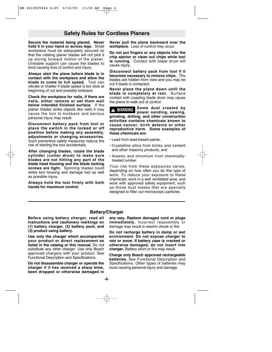 Safety rules for cordless planers | Bosch 53518 User Manual | Page 4 / 44