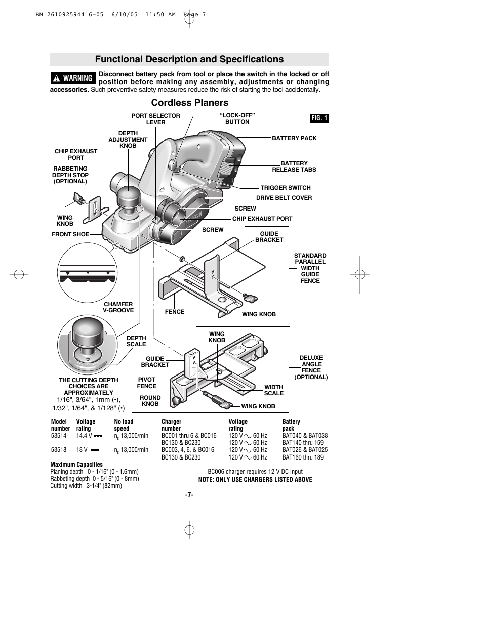 Functional description and specifications, Cordless planers | Bosch 53518 User Manual | Page 7 / 44