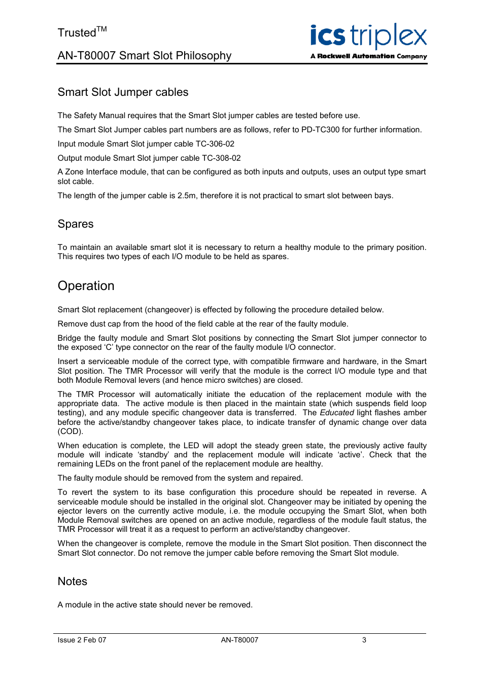 Smart slot jumper cables, Spares, Operation | Notes, Trusted | Rockwell Automation T80007 Application Note Smart Slot Philosophy User Manual | Page 3 / 4