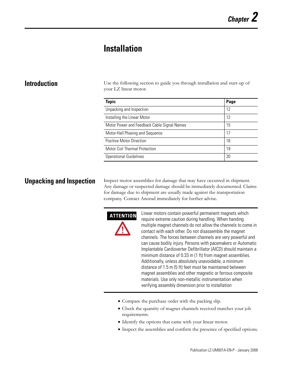 Installation, Introduction, Unpacking and inspection | Chapter 2, Introduction unpacking and inspection, Chapter | Rockwell Automation LZ Series Linear Motors User Manual | Page 11 / 64