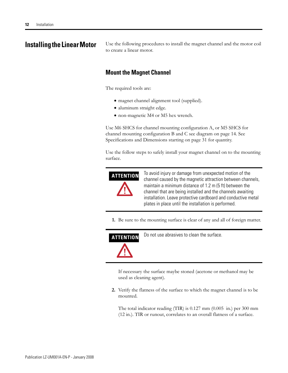 Installing the linear motor, Mount the magnet channel | Rockwell Automation LZ Series Linear Motors User Manual | Page 12 / 64