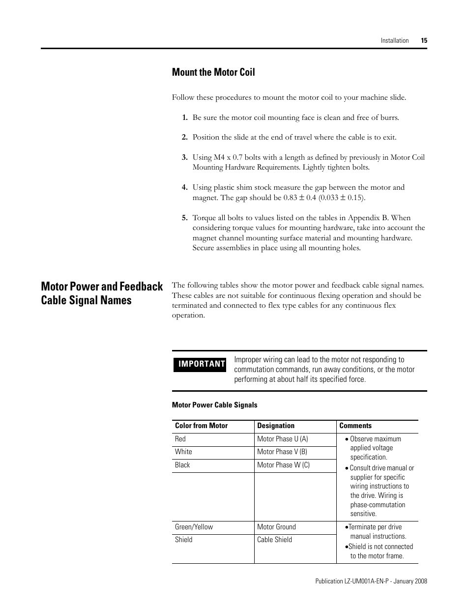 Mount the motor coil, Motor power and feedback cable signal names, Motor power cable signals | Rockwell Automation LZ Series Linear Motors User Manual | Page 15 / 64