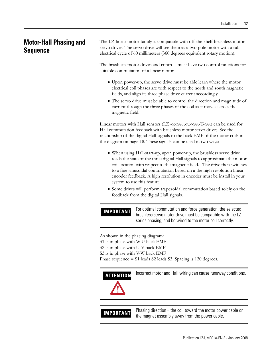 Motor-hall phasing and sequence | Rockwell Automation LZ Series Linear Motors User Manual | Page 17 / 64
