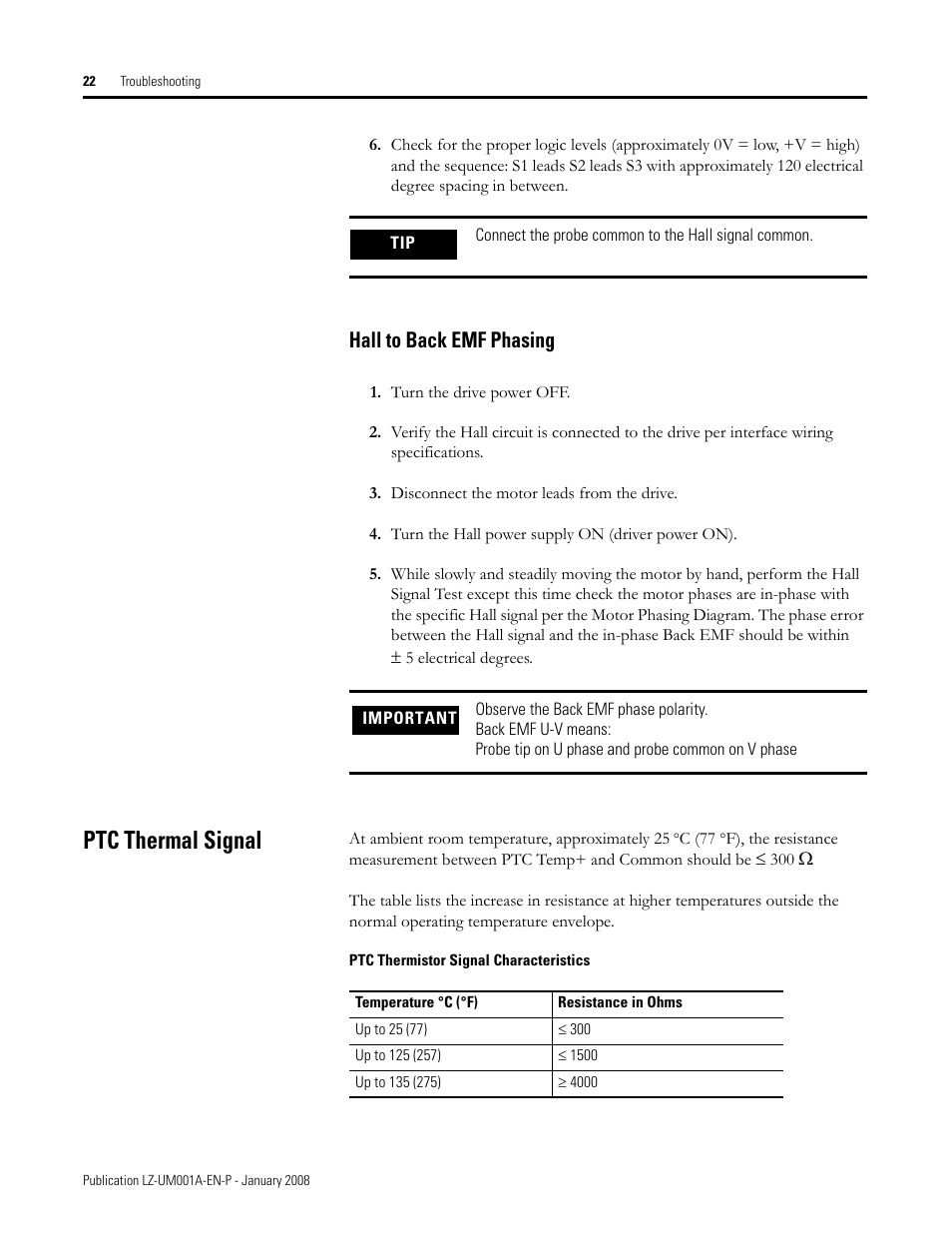 Hall to back emf phasing, Ptc thermal signal, Ptc thermistor signal characteristics | Rockwell Automation LZ Series Linear Motors User Manual | Page 22 / 64