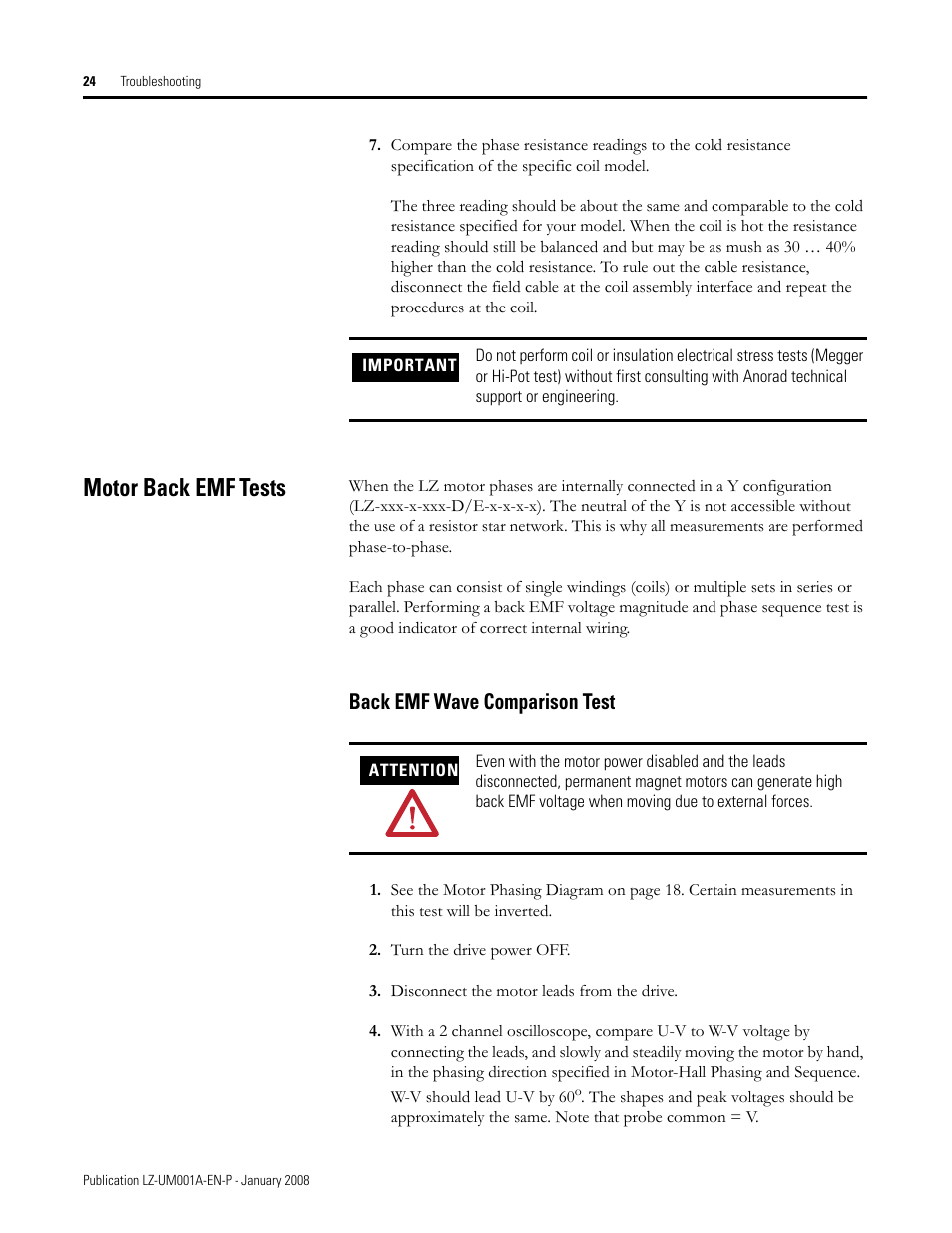 Motor back emf tests, Back emf wave comparison test | Rockwell Automation LZ Series Linear Motors User Manual | Page 24 / 64