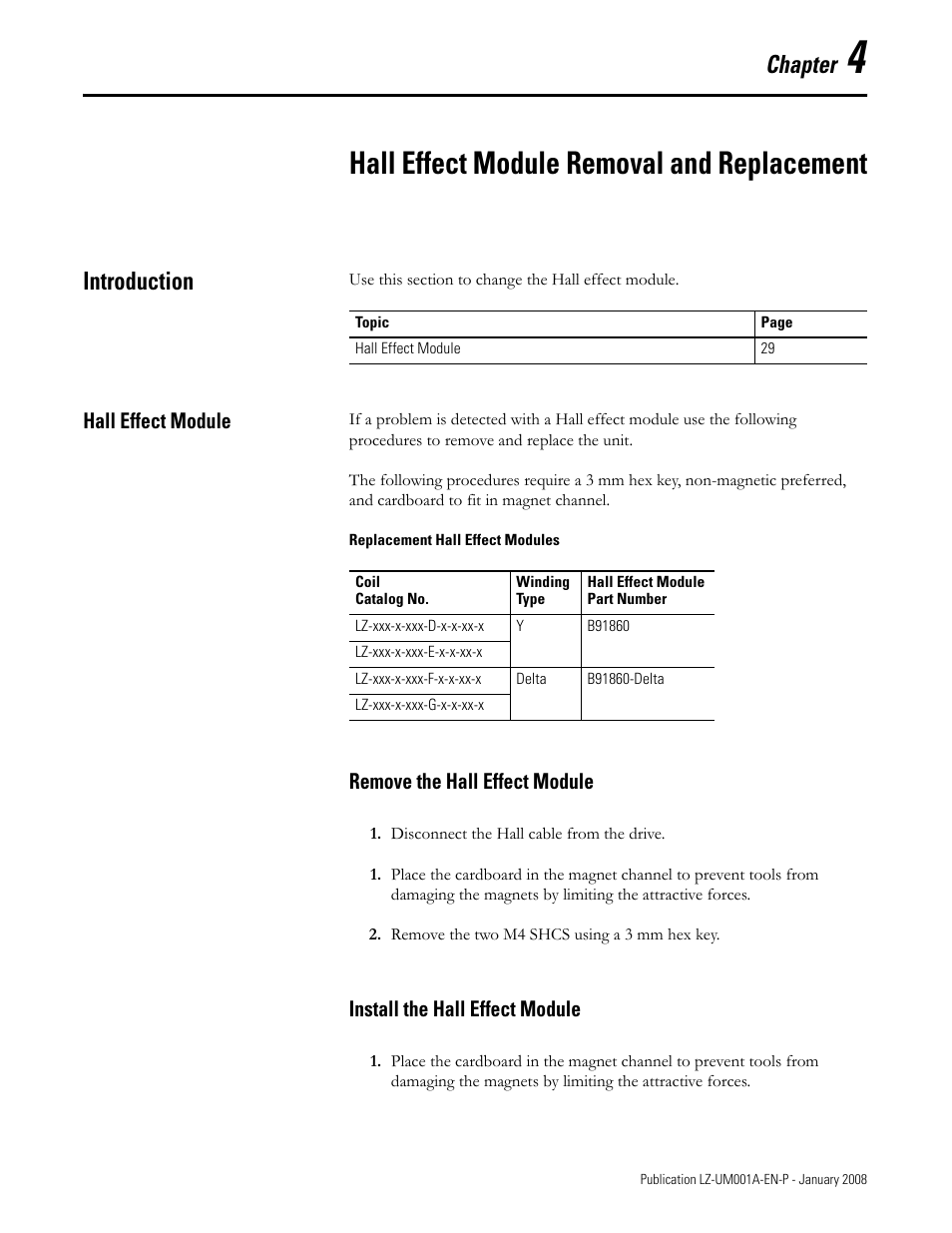 Hall effect module removal and replacement, Introduction, Hall effect module | Replacement hall effect modules, Remove the hall effect module, Install the hall effect module, Chapter 4, Introduction hall effect module, Chapter | Rockwell Automation LZ Series Linear Motors User Manual | Page 29 / 64