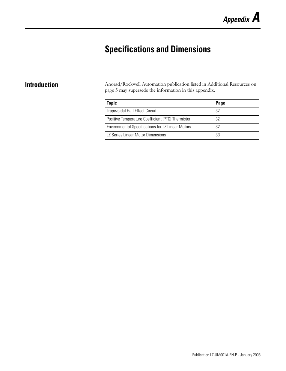 Specifications and dimensions, Introduction, Appendix a | Appendix | Rockwell Automation LZ Series Linear Motors User Manual | Page 31 / 64