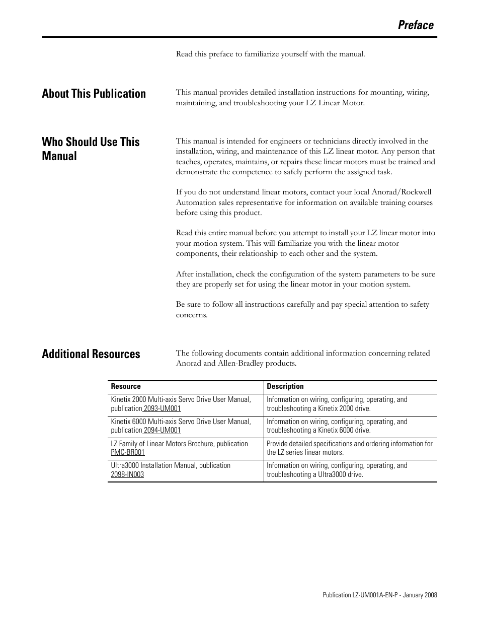 About this publication, Who should use this manual, Additional resources | Preface | Rockwell Automation LZ Series Linear Motors User Manual | Page 5 / 64