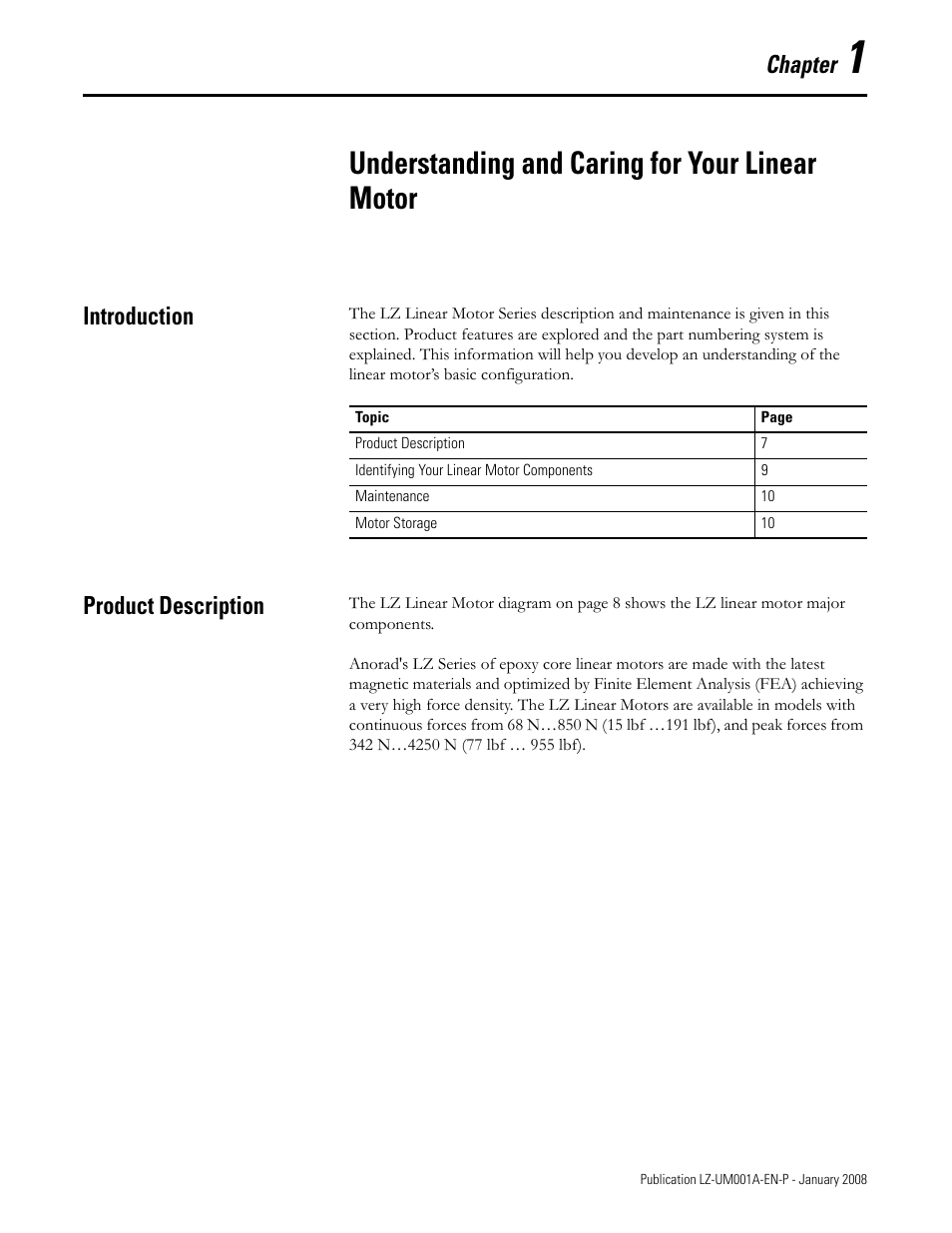 Understanding and caring for your linear motor, Introduction, Product description | Chapter 1, Introduction product description, Chapter | Rockwell Automation LZ Series Linear Motors User Manual | Page 7 / 64