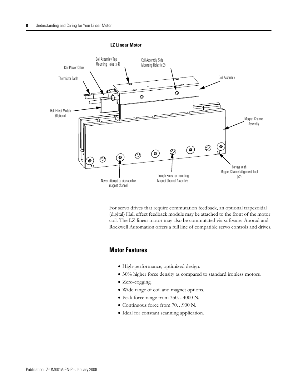 Lz linear motor, Motor features, E lz linear motor diag | 8 sho | Rockwell Automation LZ Series Linear Motors User Manual | Page 8 / 64