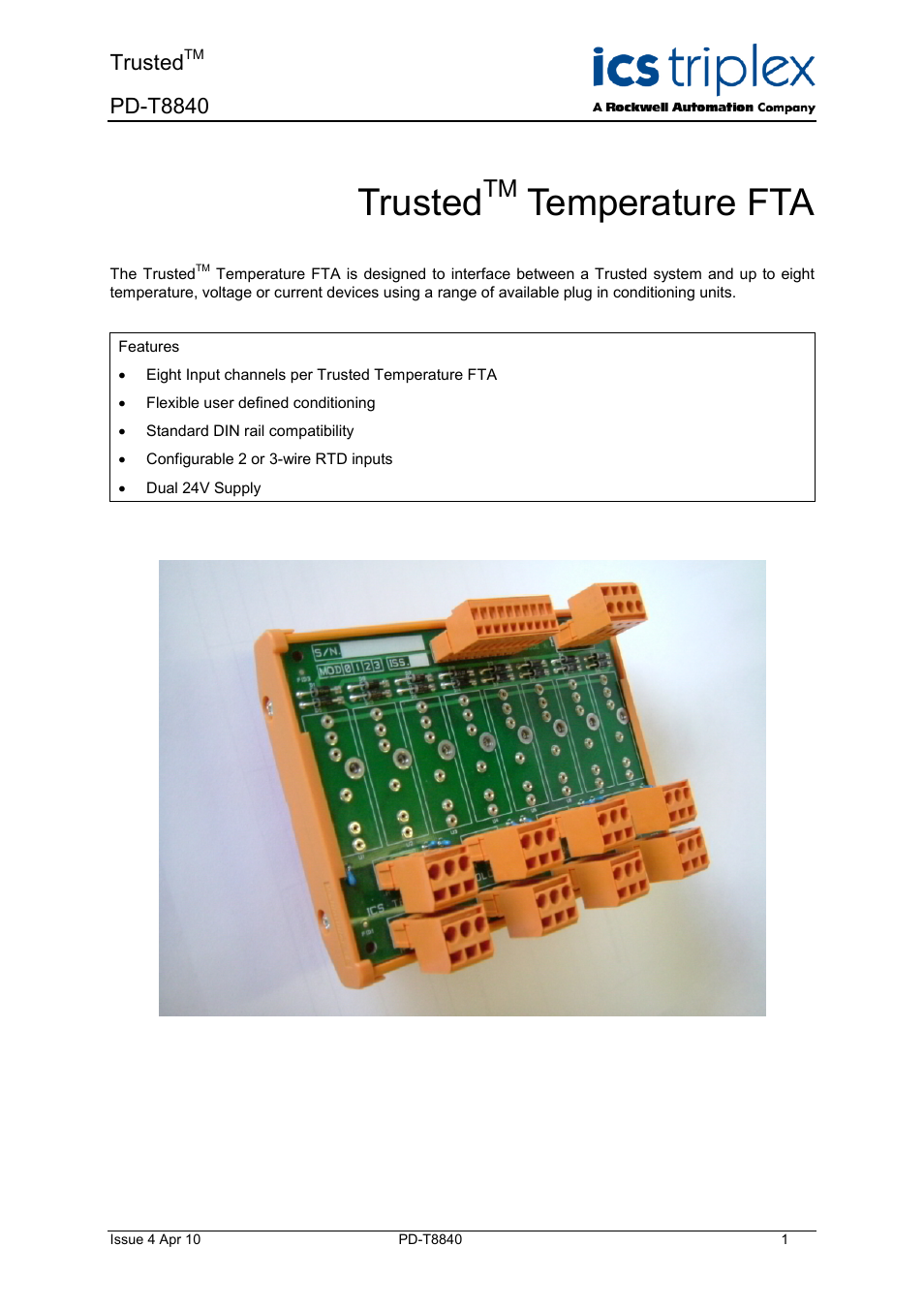 Rockwell Automation T8840 Trusted Temperature FTA User Manual | 15 pages