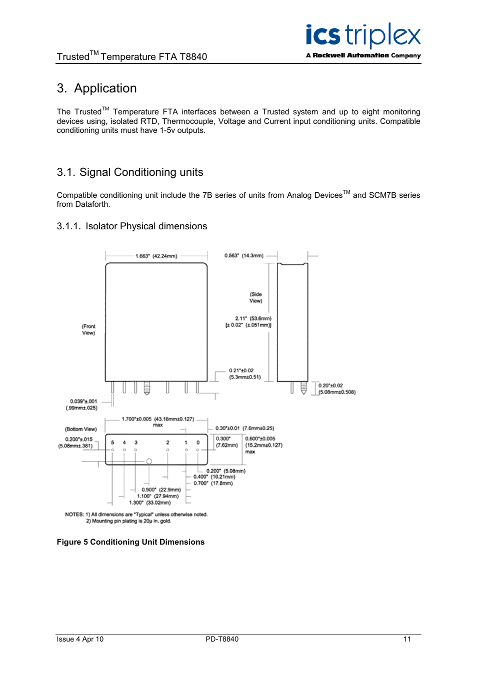 Application, Signal conditioning units, Isolator physical dimensions | Figure 5 conditioning unit dimensions, Trusted, Temperature fta t8840 | Rockwell Automation T8840 Trusted Temperature FTA User Manual | Page 11 / 15