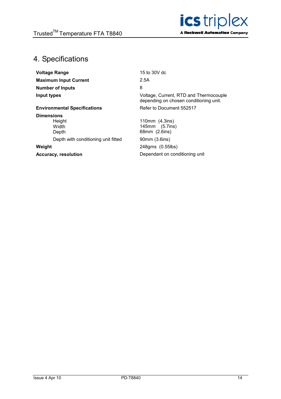 Specifications, Trusted, Temperature fta t8840 | Rockwell Automation T8840 Trusted Temperature FTA User Manual | Page 14 / 15