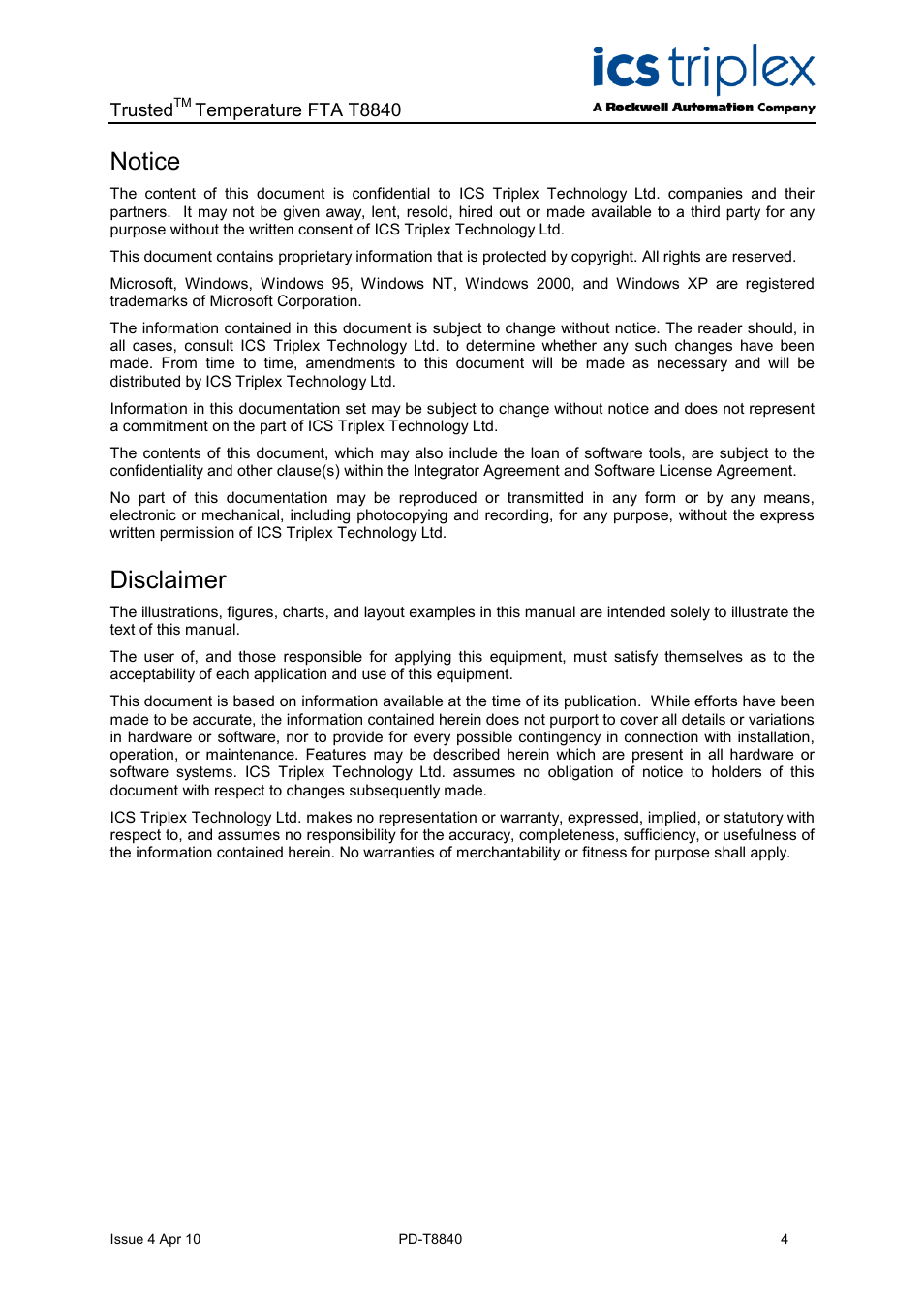 Notice, Disclaimer | Rockwell Automation T8840 Trusted Temperature FTA User Manual | Page 4 / 15