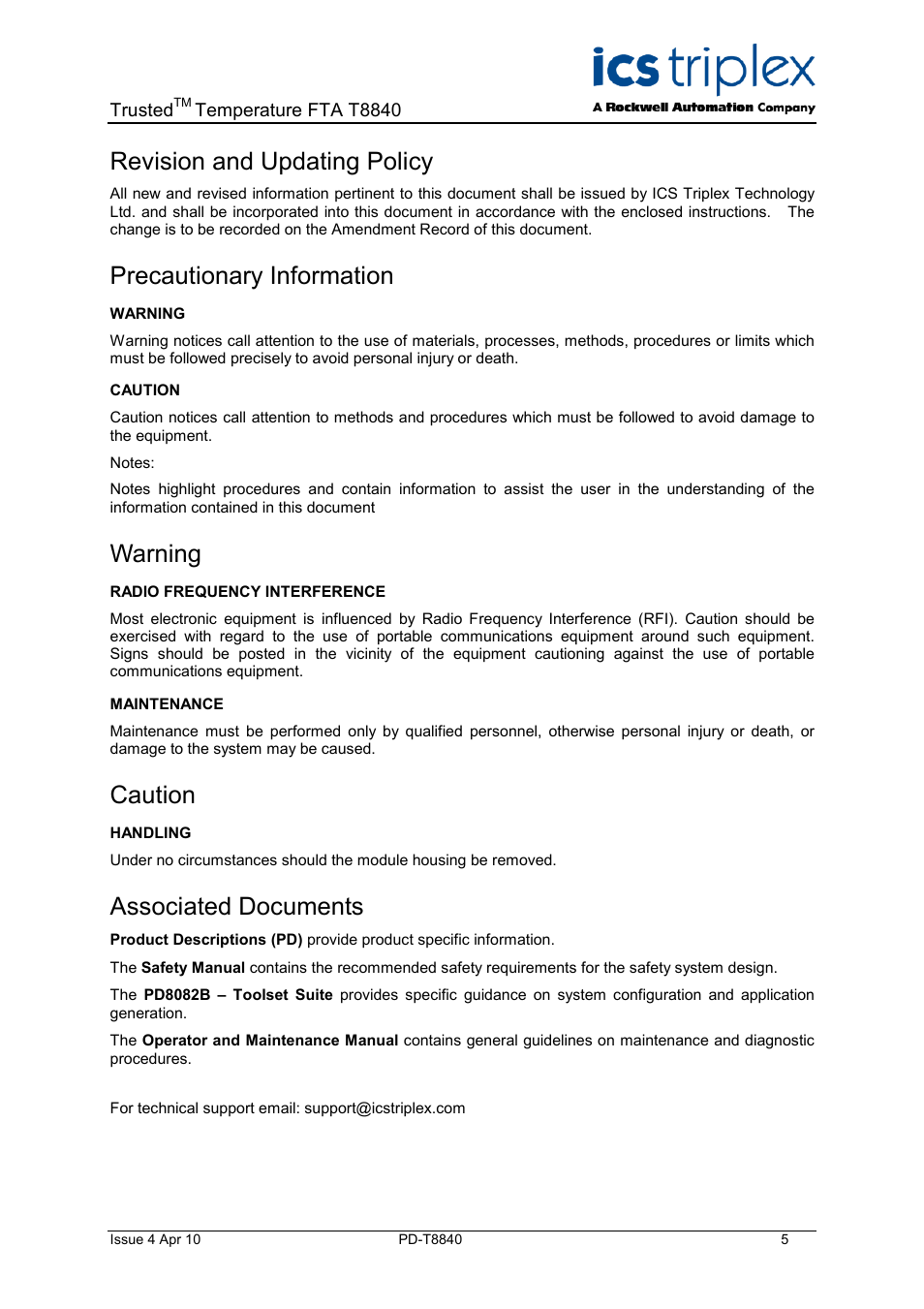 Revision and updating policy, Precautionary information, Warning | Caution, Associated documents | Rockwell Automation T8840 Trusted Temperature FTA User Manual | Page 5 / 15