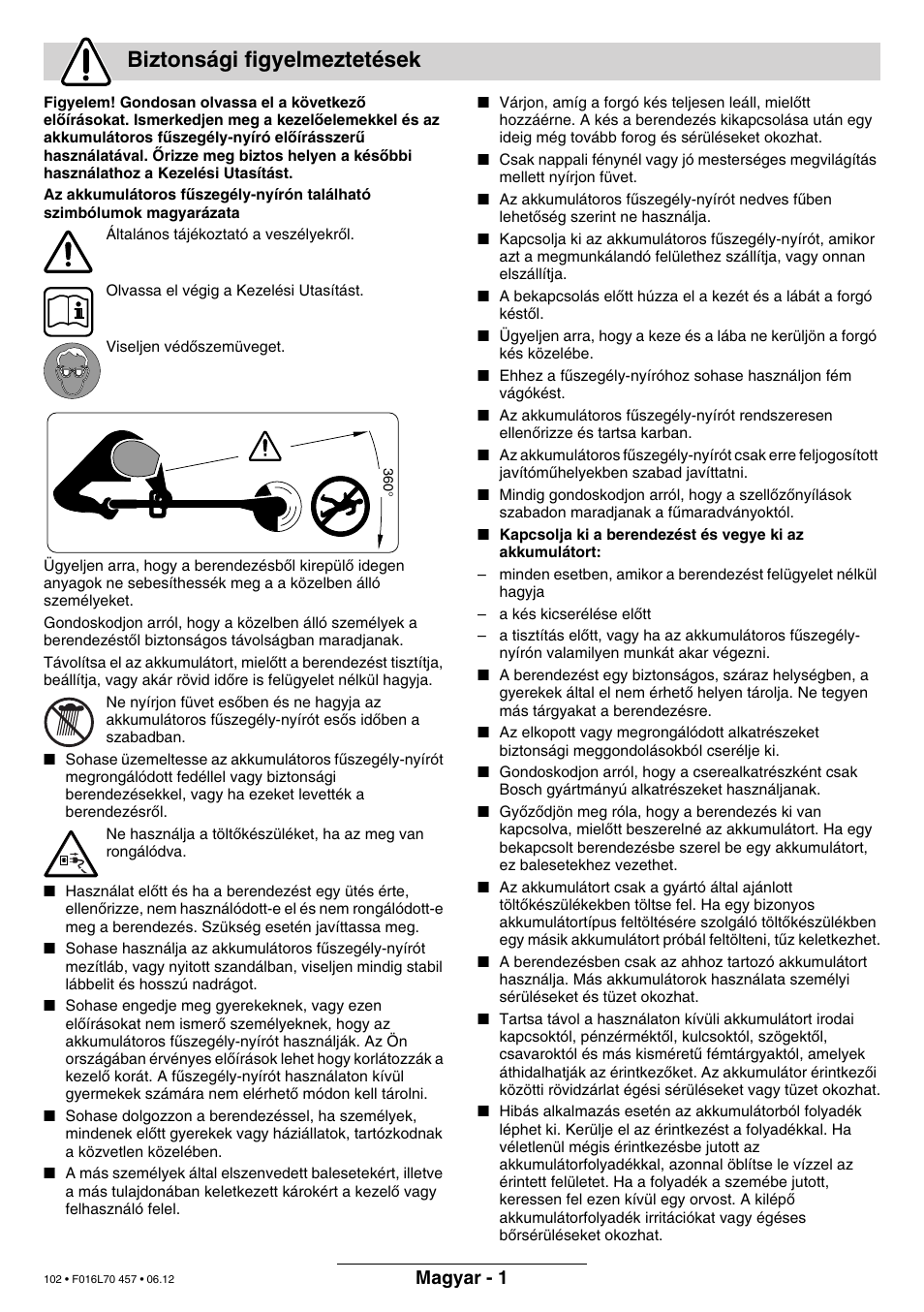 Biztonsági figyelmeztetések, Magyar - 1 | Bosch ART EASYTRIM Accu NIMH User Manual | Page 102 / 168