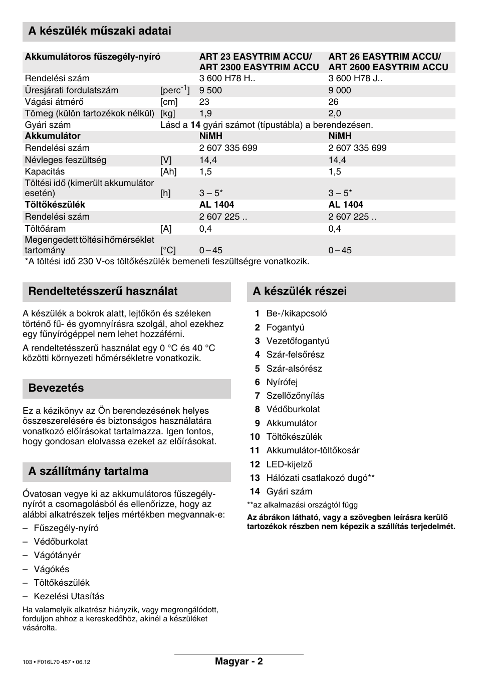 A készülék mæszaki adatai | Bosch ART EASYTRIM Accu NIMH User Manual | Page 103 / 168