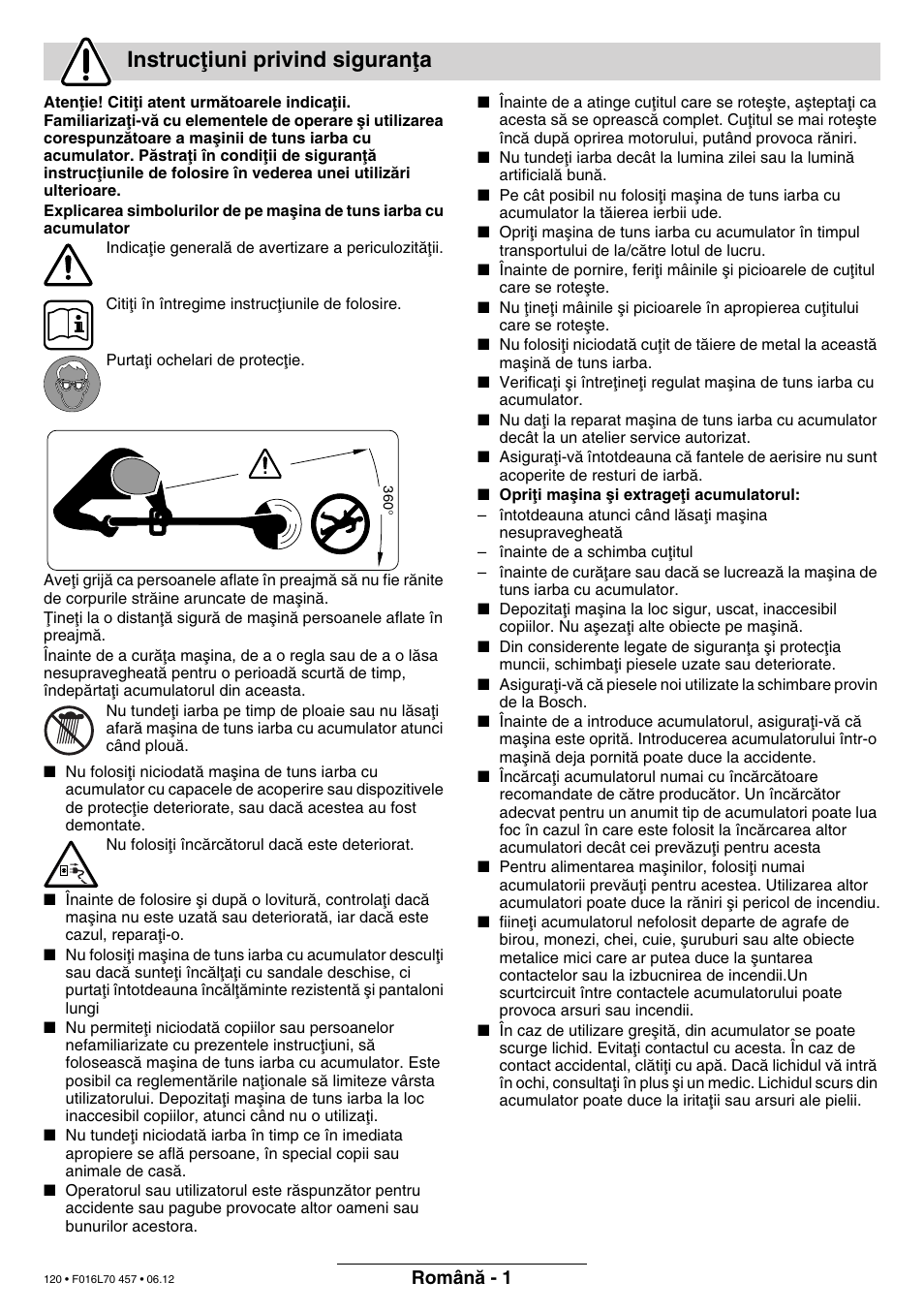 Instrucøiuni privind siguranøa | Bosch ART EASYTRIM Accu NIMH User Manual | Page 120 / 168