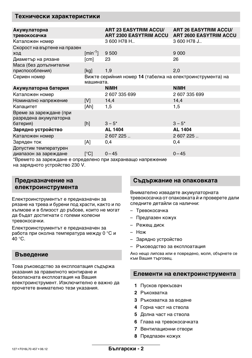Технически характеристики | Bosch ART EASYTRIM Accu NIMH User Manual | Page 127 / 168