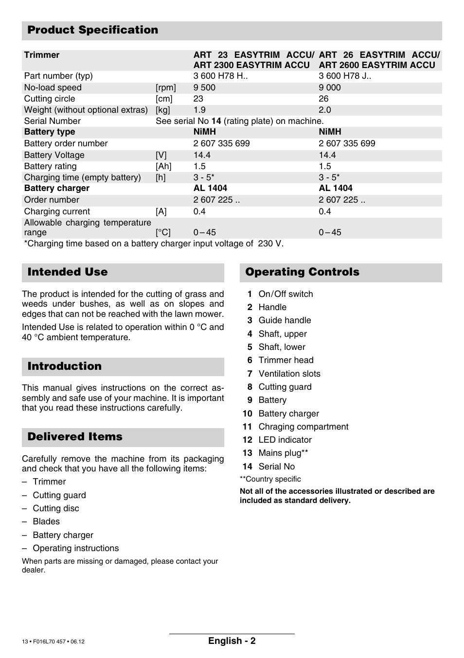 Product specification | Bosch ART EASYTRIM Accu NIMH User Manual | Page 13 / 168