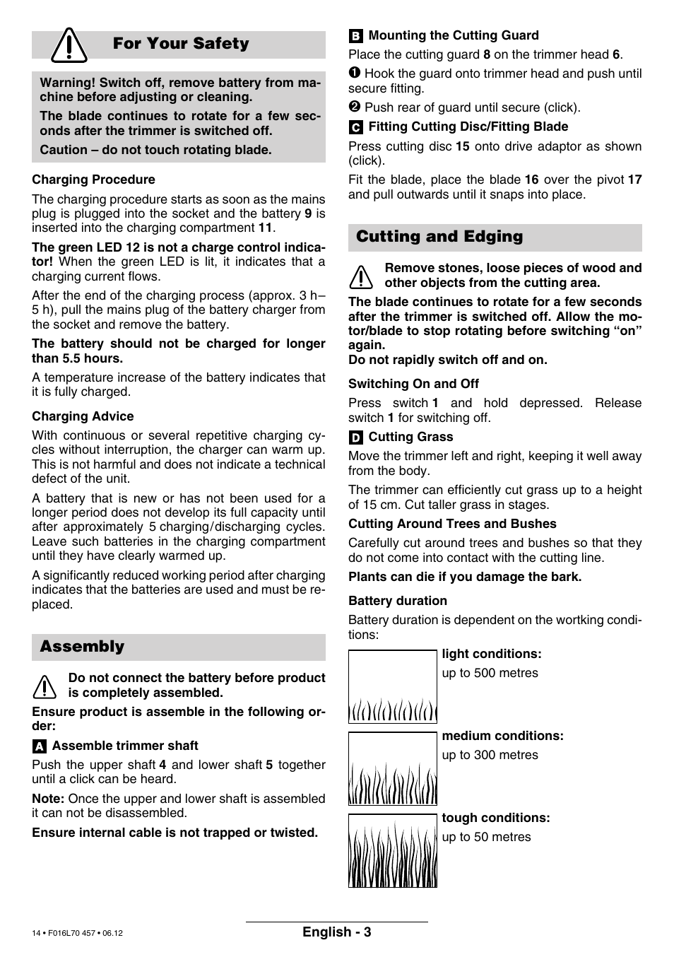 For your safety, Assembly, Cutting and edging | Bosch ART EASYTRIM Accu NIMH User Manual | Page 14 / 168