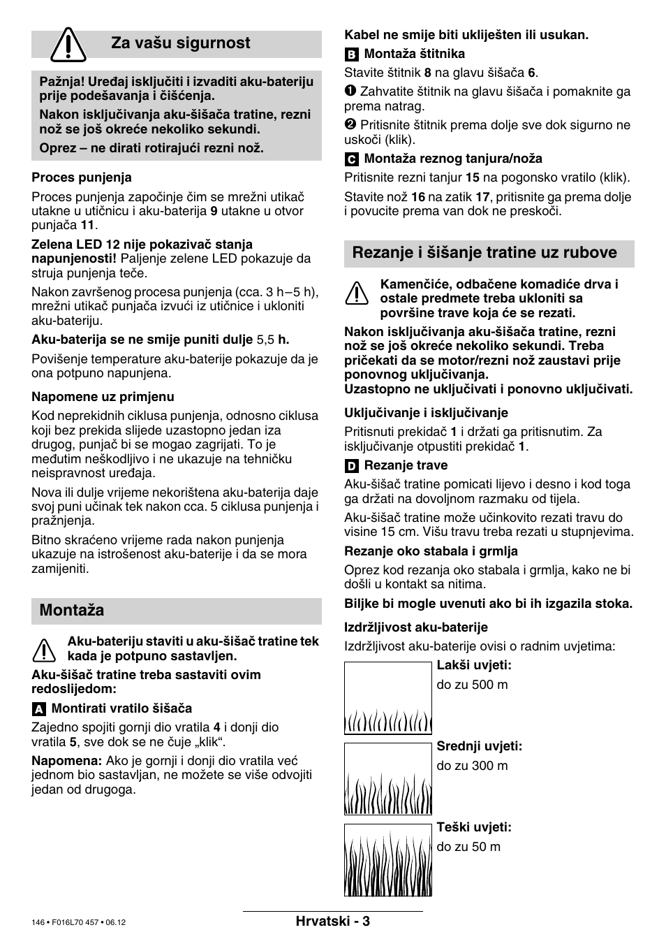 Za va‰u sigurnost, Montaïa, Rezanje i ‰i‰anje tratine uz rubove | Bosch ART EASYTRIM Accu NIMH User Manual | Page 146 / 168