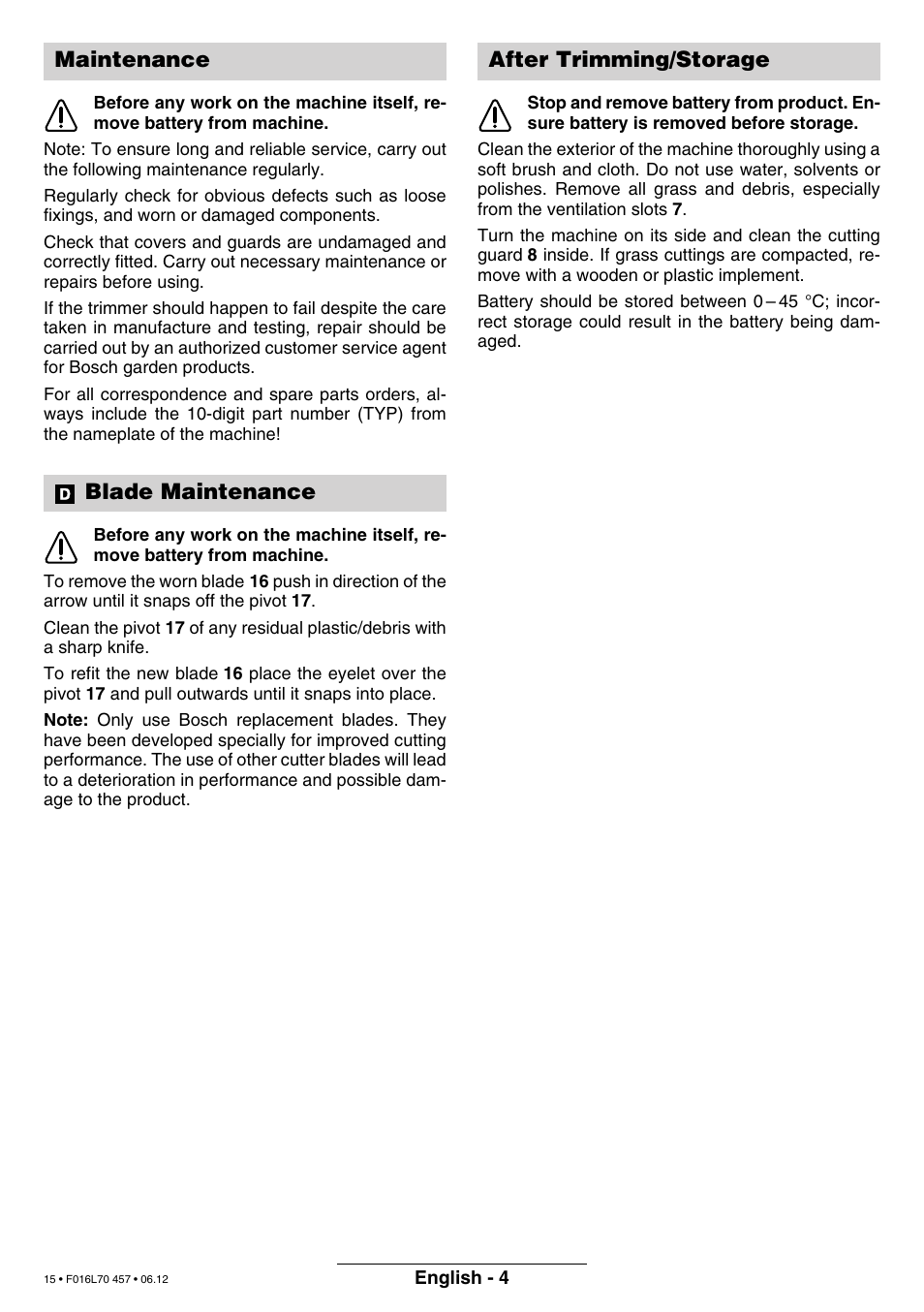 Maintenance blade maintenance, After trimming/storage | Bosch ART EASYTRIM Accu NIMH User Manual | Page 15 / 168