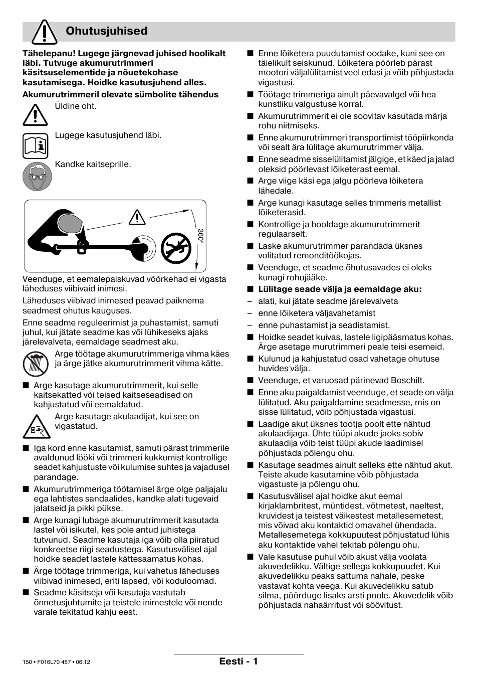 Ohutusjuhised | Bosch ART EASYTRIM Accu NIMH User Manual | Page 150 / 168