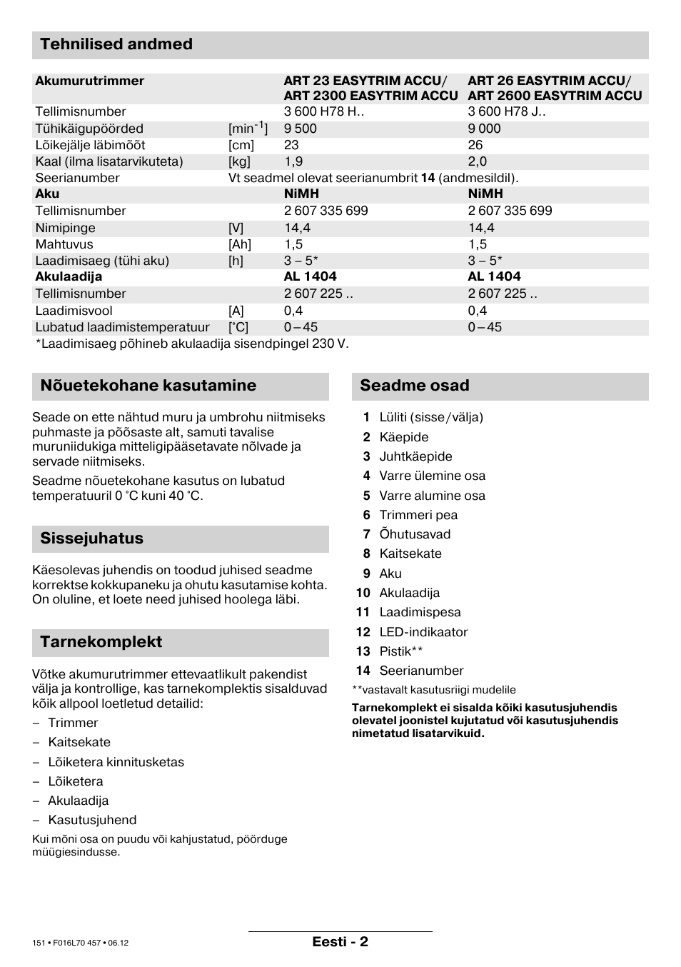 Tehnilised andmed | Bosch ART EASYTRIM Accu NIMH User Manual | Page 151 / 168